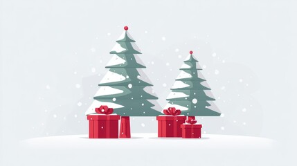 Obraz premium Red Christmas gifts and snowy trees in winter landscape
