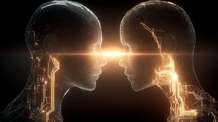 Two futuristic AI humanoids connecting through digital interface