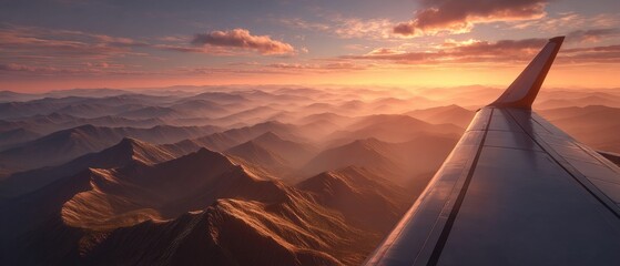 Airplane wing over mountains at sunrise with pink sky