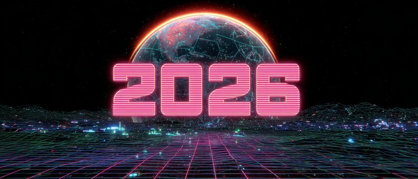 Retro Futuristic 2026 with Glowing Grid and Earth - Powered by Adobe