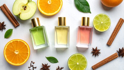 Perfume bottles with fruit and spices on a white surface, overhead shot