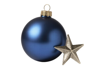 Blue Christmas ornament with silver star holiday decorations isolated on a transparent background