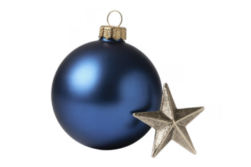 Blue Christmas ornament with silver star holiday decorations isolated on a transparent background