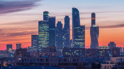 Moscow International Business Center and Moscow urban skyline after sunset day to night timelapse