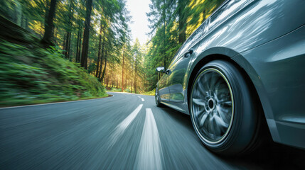 Fast car driving on a winding road through dense forest trees with motion blur capturing the dynamic movement and speed during a sunny day journey