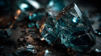 Shattered turquoise crystal shards spread on dark surface with moody lighting and sparkle perfect for dramatic posters, edgy visual branding