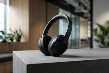 Black noise canceling wireless headphones resting on gray stone desk in office