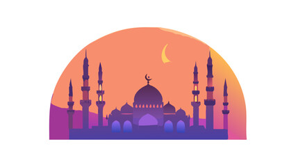 Modern flat vector illustration of a mosque silhouette with large domes and minarets, sunset gradient background, soft purple and orange tones.