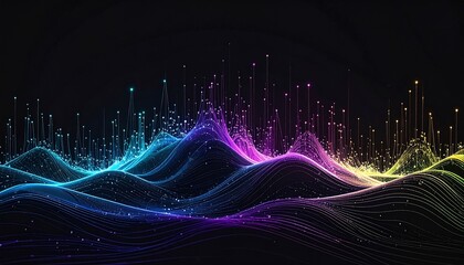 Abstract digital waves surge with glowing lines and points, showcasing data visualization