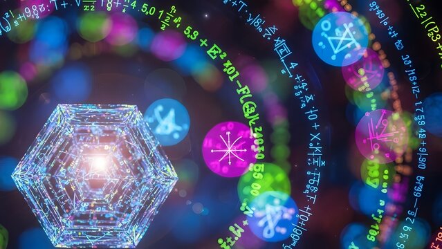 Abstract glowing geometric shapes and mathematical formulas in a cosmic nebula - Powered by Adobe