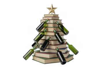 Book Christmas tree with wine bottles on black books isolated on a transparent background