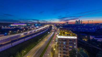 The Third Ring Road after sunset day to night timelapse aerial view from rooftop. Moscow, Russia.
