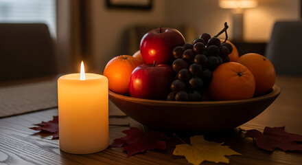 Fruit Bowl with Grapes Apples Oranges and Candle in Cozy Indoor Setting