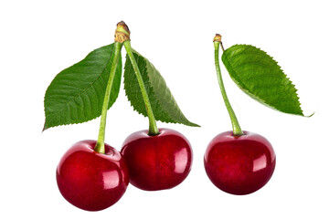 Three cherries with with green leaves on isolated background close-up, for juice or jam packaging design