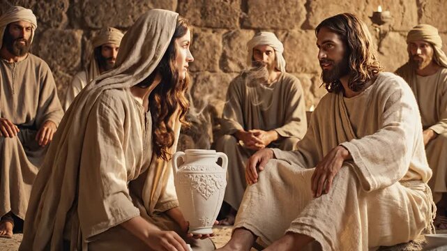 Oil on jesus feet video: Close-up of Beautiful Mary Magdalene Weeping and Washing Jesus' Bare Feet with Her Hair and Anointing Him from a White Alabaster Jar.
