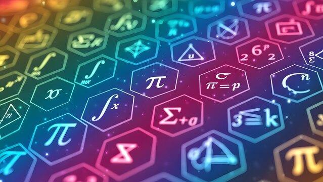 Colorful Hexagonal Grid of Mathematical Symbols and Formulas - Powered by Adobe