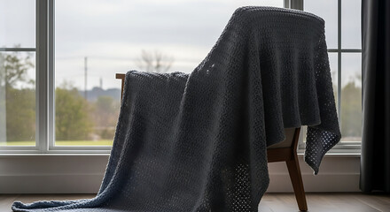 Cozy Chair Draped with Knitted Throw by Large Window