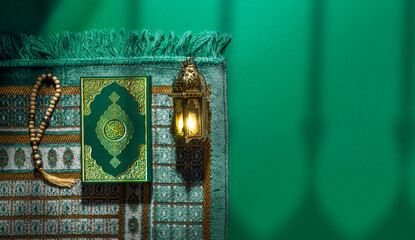 Quran. Book with Arabic title All Quran. Ramadan. Lantern for Muslim holy month Ramazan Kareem. Decorative Holiday lamp, Prayer Mat Islamic rug for Namaz. Symbol of fasting sawm, prayer salah.
