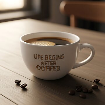 Warm Coffee in White Mug with Inspiring Quote Roasted Beans on Wooden Table  Perfect Morning Drink for a Refreshing Start for mahashivratri  sawan  shivling shankar