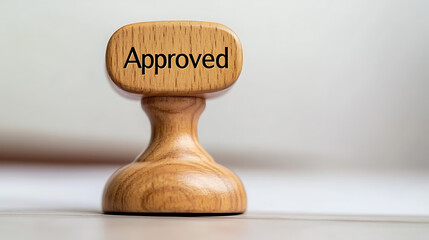 A wooden stamp with the word 'Approved' stamped on the top, set against a light background, symbolizing validation, agreement, or permission in various official contexts.