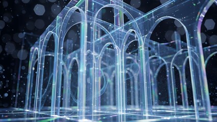 Futuristic translucent architectural structure with glowing lines and particles