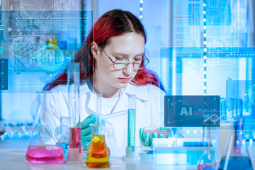 AI-driven holographic interface and digital data visualization. Young female laboratory technician examining a petri dish in a modern biology laboratory, surrounded. Concept of biotechnology, STEM