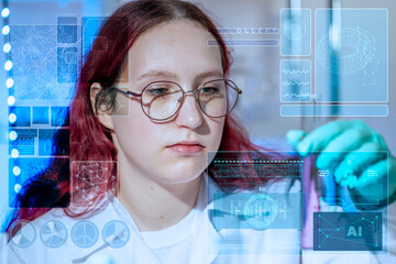 AI, artificial intelligence. Young lab assistant working in modern chemical laboratory with chemical glassware, virtual scientific HUD interface. Data visualization and future laboratory technologies.