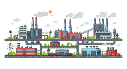 Industrial landscape with factories, smoking chimneys, roads, vehicles, trains on railways, power lines, illustrating urban growth.
