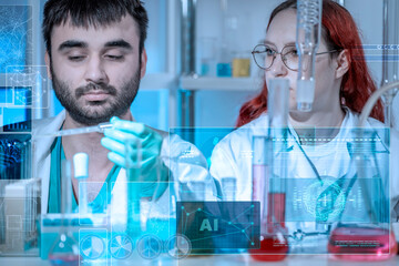AI tools for advanced scientific research and development. Young female lab assistant collaborating with a male scientist in a high-tech laboratory. Working together with holographic data interfaces