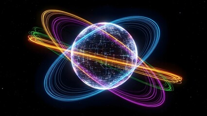 Glowing planet with colorful orbiting rings against a starry background