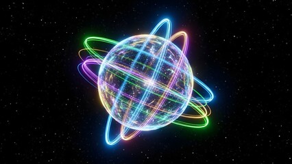 Glowing Spherical Atom Model with Orbiting Rings in Starry Space