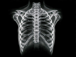 Medical scan showing the detailed skeletal structure of the human rib cage and upper spine from a posterior view on a black background