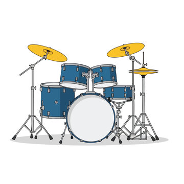 Cartoon illustration of a blue drum set with yellow cymbals on a white background