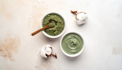 Overhead shot of two bowls of green substance, cotton, and spoon on textured background