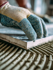 Worker wearing protective gloves carefully placing a ceramic tile on freshly applied mortar for flooring installation with precise alignment and craftsmanship