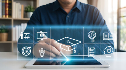 A professional man using a digital tablet with a stylus to access various educational icons and a graduation cap symbolizing online learning and academic success today