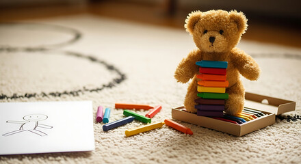 Little Teddy Bear Stacking Colorful Blocks on Carpet
