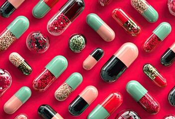 Colorful pills and capsules scattered on a vibrant red surface