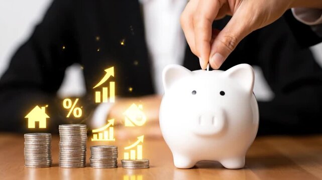 A close-up shot features a person's hand meticulously placing a silver coin into a pristine white piggy bank, embodying the fundamental principles of saving and astute financial planning. The scene is