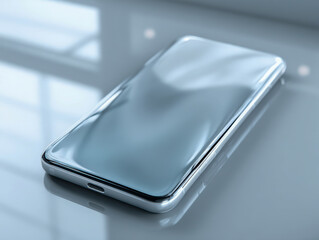 Modern smartphone with reflective and curved glass screen lying on glossy surface showcasing sleek design and minimalist technology aesthetic in soft light