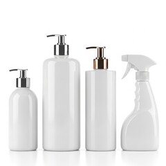 Collection of white soap and cleaning bottles