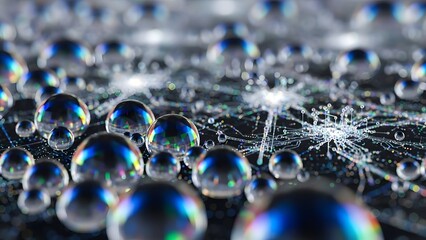 Macro View of Water Droplets on Circuit Board with Light Reflections