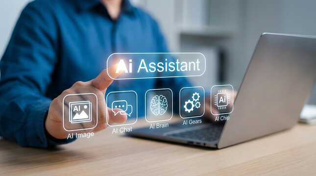 Man pointing at virtual ai assistant button on digital interface displaying various artificial intelligence icons for image generation chat brain gears and chip processing - Powered by Adobe