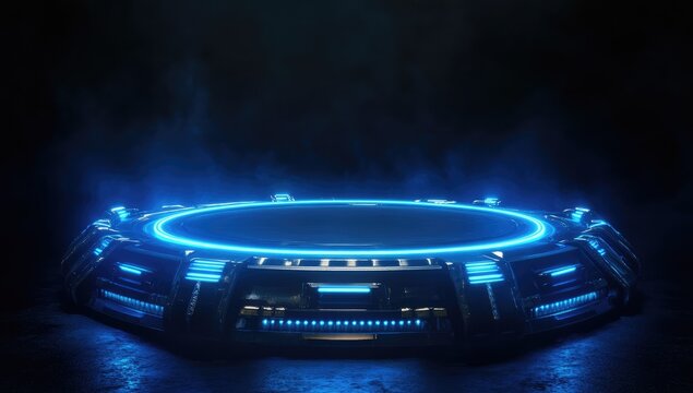 A circular platform floating in the air, surrounded by blue light on all sides, in darkness, alien technology.