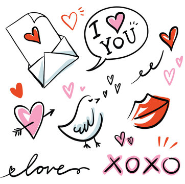 Valentines doodles, hand drawn love icons. Galantine's themed clipart.