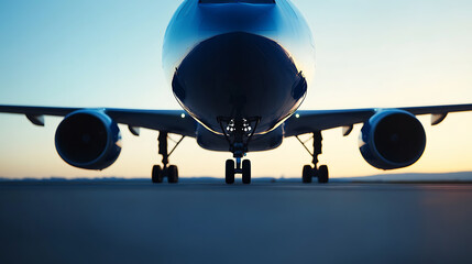 A powerful aircraft stands poised on the runway, ready for takeoff. The gleaming fuselage reflects the light, a symbol of modern travel and adventure.