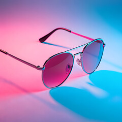 Stylish Sunglasses on Pink and Blue Abstract Background, Fashionable Eyewear, Creative Flat Lay.