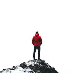 Obraz premium A man in a red jacket and black pants standing on top of a mountain, against a white background