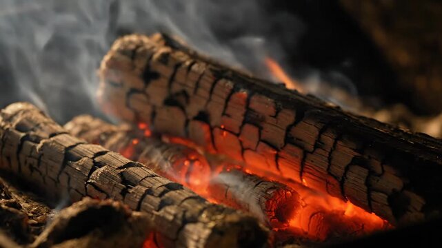 Burning logs in a fire pit on a dark background with smoke