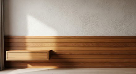 Minimalist empty wall background with horizontal wooden slats and floating shelf. Modern interior design mockup with sunlight and shadows